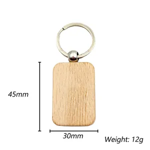 Macro shot showing dimensions 45mm x 30mm and wood grain of the DIY rectangular keychain