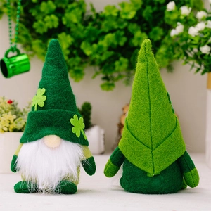 Front and back view of Saint Patrick's Day gnomes with green shamrock hats and white beards