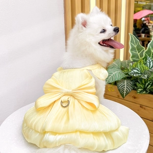 Close-up of luxury yellow pet dress with large back bow and functional metal D-ring attachment