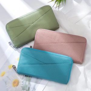 Genuine leather long RFID wallet for women in green, pink and blue with lychee texture