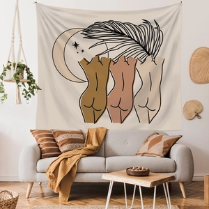 Bohemian wall tapestry featuring minimalist female line art with moon and stars decor