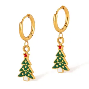 Stainless Steel Christmas Tree Dangle Hoop Earrings Green Enamel Gold Plated Holiday Jewelry Gift For Women