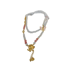 Ancient gold Ruyi necklace with emerald, pearl beads and a pink butterfly charm
