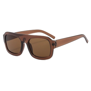 Retro square oversized brown sunglasses with flat top plastic frame for women
