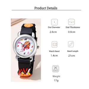 Detailed size specifications for kids sports watch with basketball and flame strap