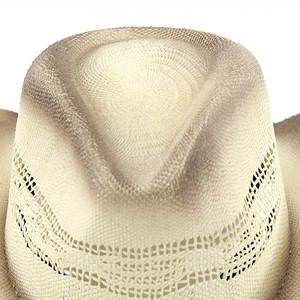 Woven paper straw cowboy hat featuring a beige and coffee gradient and hollowed stripes