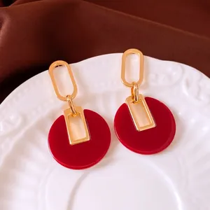Luxury 18K gold plated round red resin pendant earrings with geometric chain links