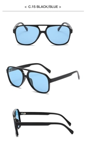 Detailed views of black aviator sunglasses with blue lenses from three professional angles