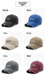 Detail showing various colors of washed cotton baseball caps with distressed ripped edges