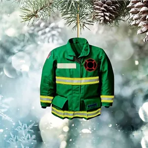 Green firefighter uniform acrylic Christmas tree ornament with yellow reflective stripes