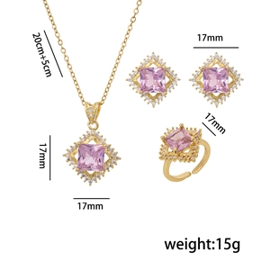 Elegant gold-plated pink zircon jewelry set including necklace, earrings, and ring
