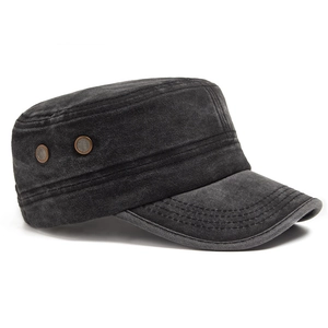 Vintage washed cotton flat top cadet cap with metal eyelets and stitch detail