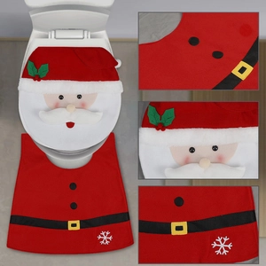 Christmas Santa toilet seat cover and rug set with plush red and white holiday design