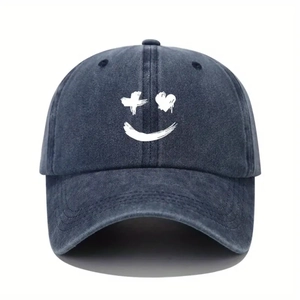 Faded dark gray washed cotton baseball cap with white graffiti smiley face design