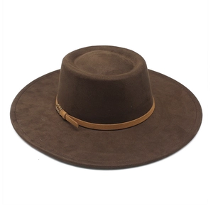Detail of dark brown flat top fedora hat with light tan decorative leather band