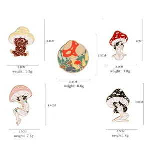 Size chart showing height and weight for five creative mushroom girl enamel pin designs