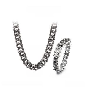 Macro detail of hammered texture on stainless steel Cuban necklace and bracelet set