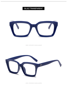 Detail view of bold square frame glasses in blue and transparent two-tone finish