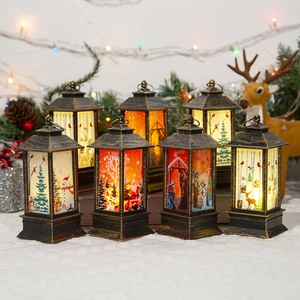 Christmas LED Lantern Vintage Retro Wind Lamp Flickering Flame Light Hanging Decorative Portable Ornament Santa Snowman