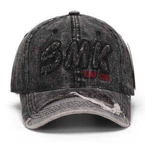 Vintage washed gray denim baseball cap with SMK embroidery and distressed brim detail
