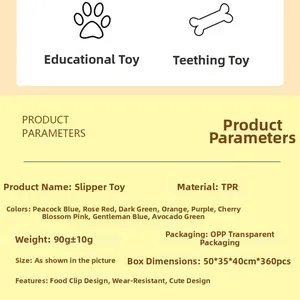 Detail specifications of TPR slipper-shaped dog toy with treat-dispensing design