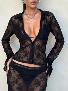 Detailed view of black floral lace texture on long sleeve V-neck y2k style top for women