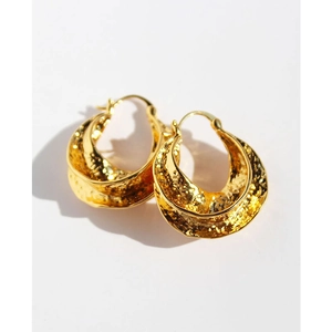 Modern gold hoop earrings with vintage hammered texture and molten lava metal finish