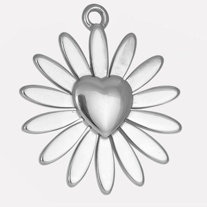 Detailed macro shot of a silver daisy sunflower pendant with 3D heart center in 304 steel