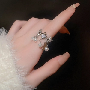 Minimalist silver square pearl open ring with zircons and layered dangle charms