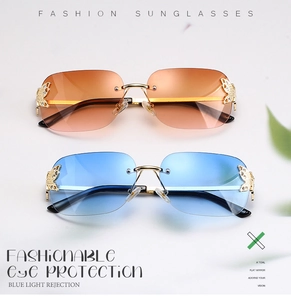 Detail of rimless butterfly sunglasses featuring gradient lenses and rhinestone accents