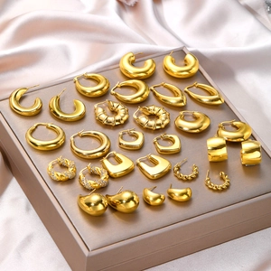 Set of chunky golden stainless steel hoop earrings in various geometric styles