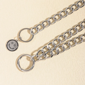 Silver metal chain belt with smiley face pendant and large round spring clasp