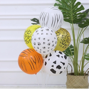 Detail of 12-inch animal print latex balloons featuring zebra, leopard, and tiger patterns