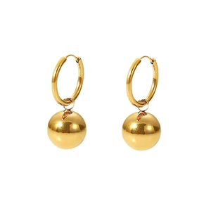 Minimalist 18K gold stainless steel hoop earrings with round bead pendants for women