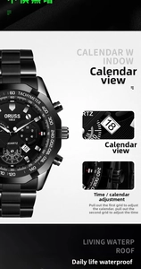 Détail du réglage du calendrier et de l'étanchéité sur le cadran noir de la montre ORUSS