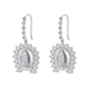 Detailed silver horseshoe earrings featuring Virgin Mary relief and zircon inlay