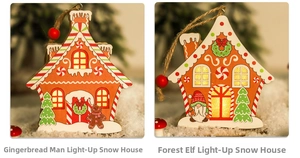 Detail of wooden LED Christmas houses with gingerbread man and gnome patterns