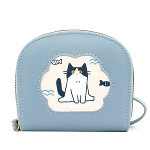 Blue faux leather women's wallet featuring a cute cartoon cat illustration and zipper