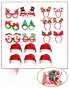 18-piece Christmas party set including 6 festive glasses, 6 headbands, and 6 red hats