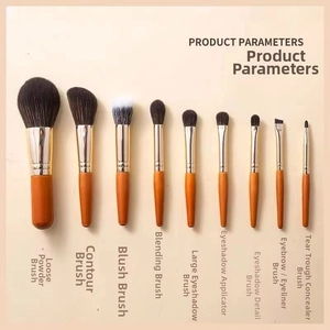 Detailed view of 9pcs professional makeup brush set with wooden handles and silver ferrules