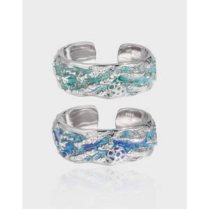 S925 Sterling Silver Open Ring For Women Minimalist Irregular Rock Texture Blue Green Enamel Wave Design Adjustable Jewelry