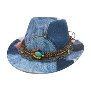 Kids vintage blue denim fedora hat with turquoise bead and feather ethnic details