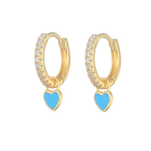 Elegant gold heart earrings with light blue enamel and sparkling crystal pavé accents