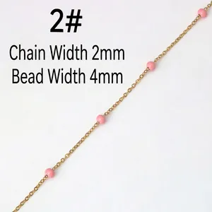 Handmade stainless steel gold chain with pink round beads, 2mm width, 4mm bead size