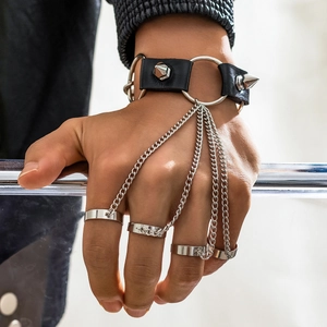 Men's punk leather palm bracelet with metal spikes and chain-linked finger rings