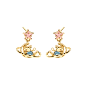 Boucles d'oreilles ours avec étoiles et zircons rose et bleu, fini plaqué or