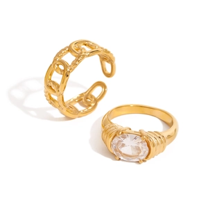 Gold plated titanium steel chain ring set with oval clear cubic zirconia stones