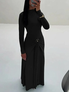 Slim fit black maxi dress with long sleeves and gold metal buckle waist detail