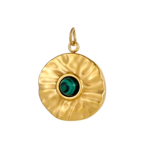 Detail of a gold pleated round pendant featuring a green malachite stone inlay