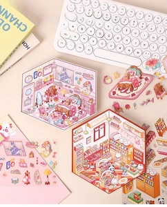 Macro detail of 3D layered scene stickers featuring cute pink bedroom and shop themes